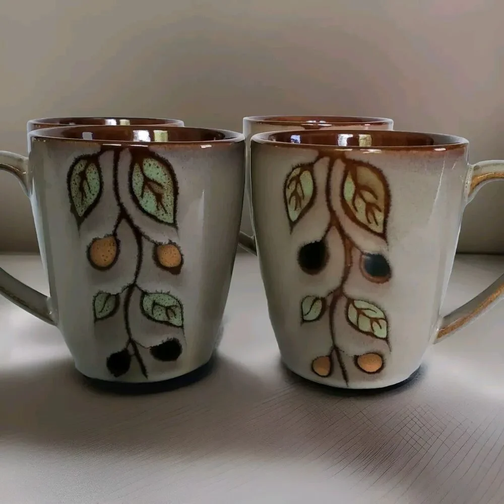 4 Sango Vineyard 4845 Stoneware Pottery Coffee Cup Mugs Berry Vine Earthy Retro